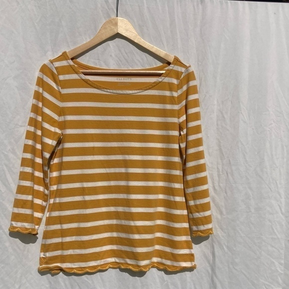 Talbots gold and white striped shirt with scalloped hemlines, size small - Picture 1 of 7